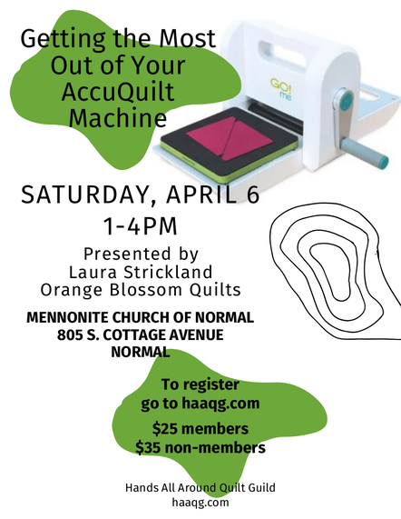 An image of an event poster with small images of quilts at the top and an image of the presenter in front of a quilt background.
